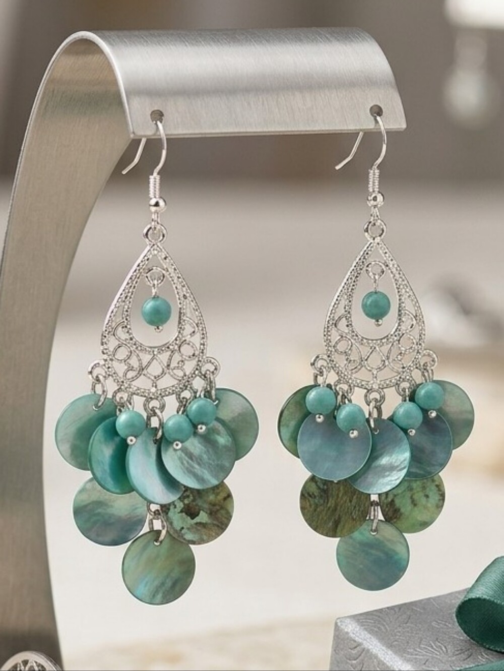 Silver Teardrop Turquoise Bead Chandelier Earrings With Shell Disk Accents